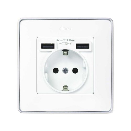 Tapa SIMON 82 para base de enchufe schuko con 2 bocas carga USB 2.1A tipo A blanco mate