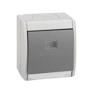 Pulsador monobloc IP55 10AX 250V Simon Aqua con sistema de embornamiento rápido gris