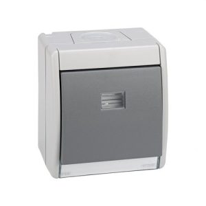 Pulsador monobloc IP55 10AX 250V Simon Aqua con luminoso incorporado y sistema de embornamiento rápido gris