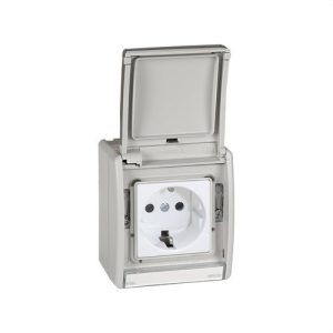 Base de enchufe schuko monobloc IP55 16A 250V Simon Aqua con dispositivo seguridad y embornamiento rápido gris
