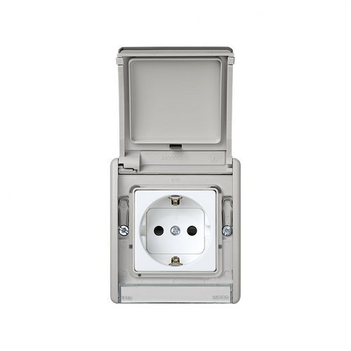 Base de enchufe schuko monobloc IP55 16A 250V Simon Aqua con dispositivo seguridad y embornamiento rápido gris