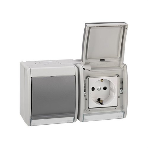 Base enchufe SIMON AQUA doble bipolar con TT lateral precableada 10/16A 250V embornamiento rápido gris